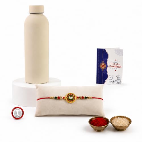 Round Rakhi Combo - Raksha Bandhan Gift with SS Water Bottle 500ml, Pack of 5 | Rakhi Gift