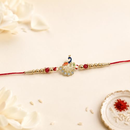 Peacock Rakhi Combo - Raksha Bandhan Gift with Strawberry Biscuit 60gm, Pack of 5
