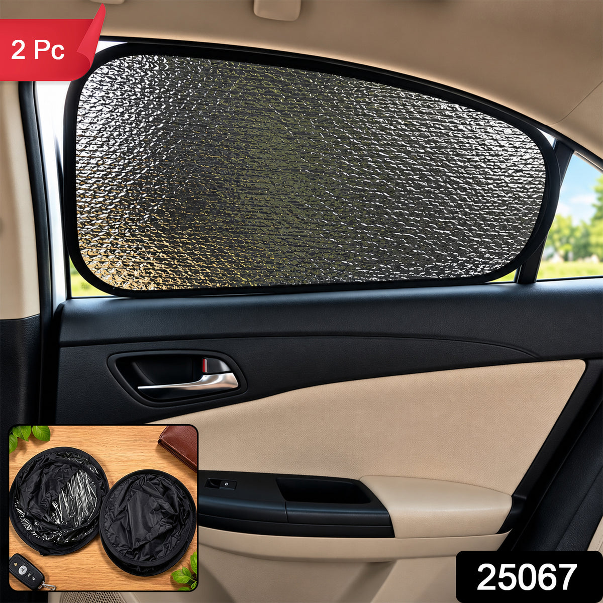A silver reflective sunshade on a car window, with insets showing folded sunshades and a product number.