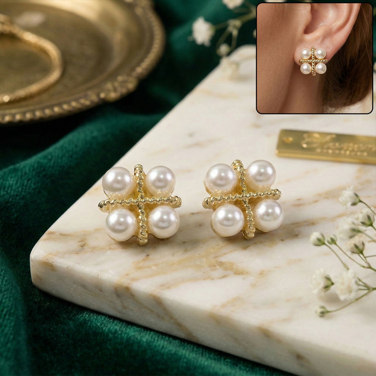 Korean Vintage Twisted Gold & Quad Pearl Studs For Girls And Women
