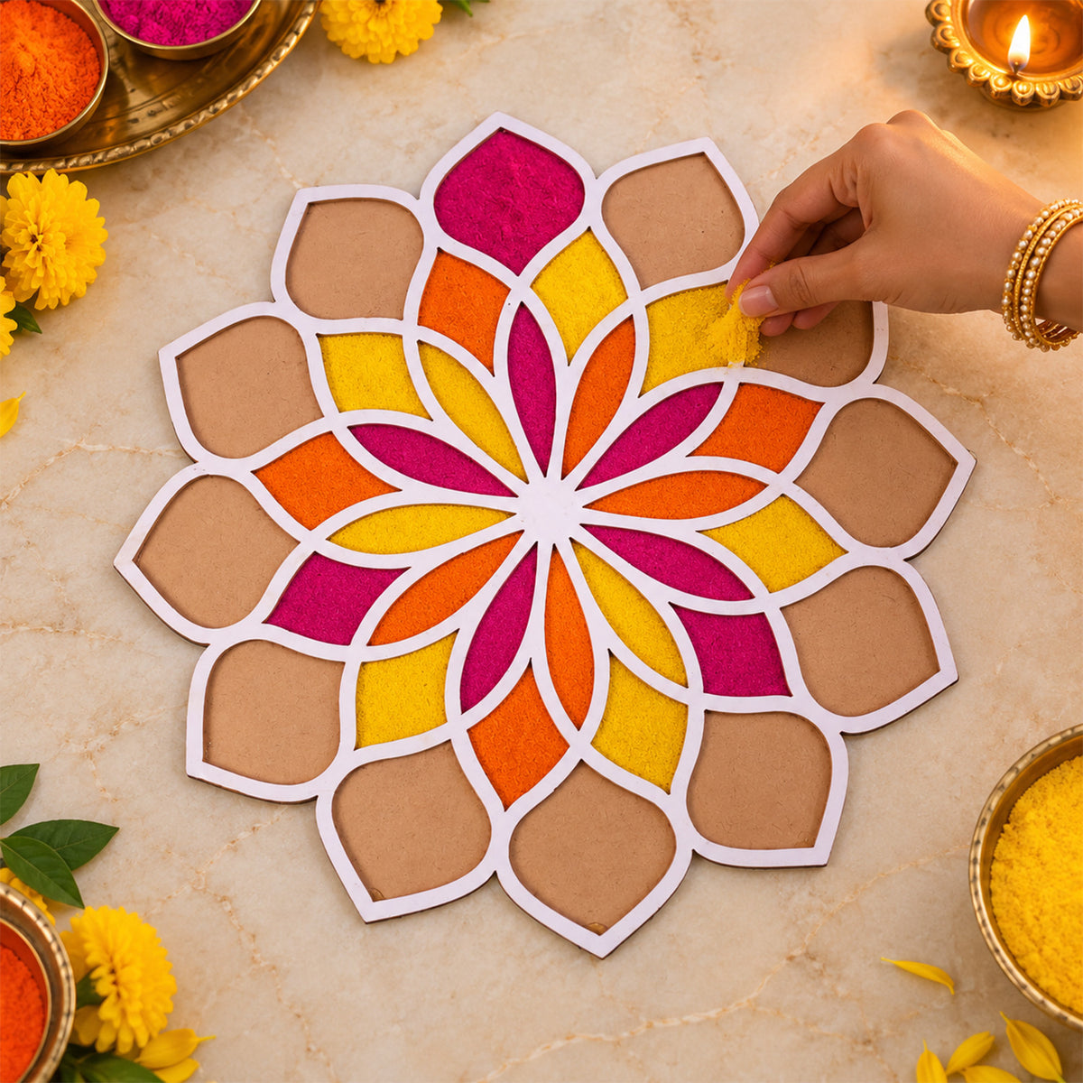 Lotus Petal Rangoli Stencil Board for Diwali, Puja and Festival Floor Decor