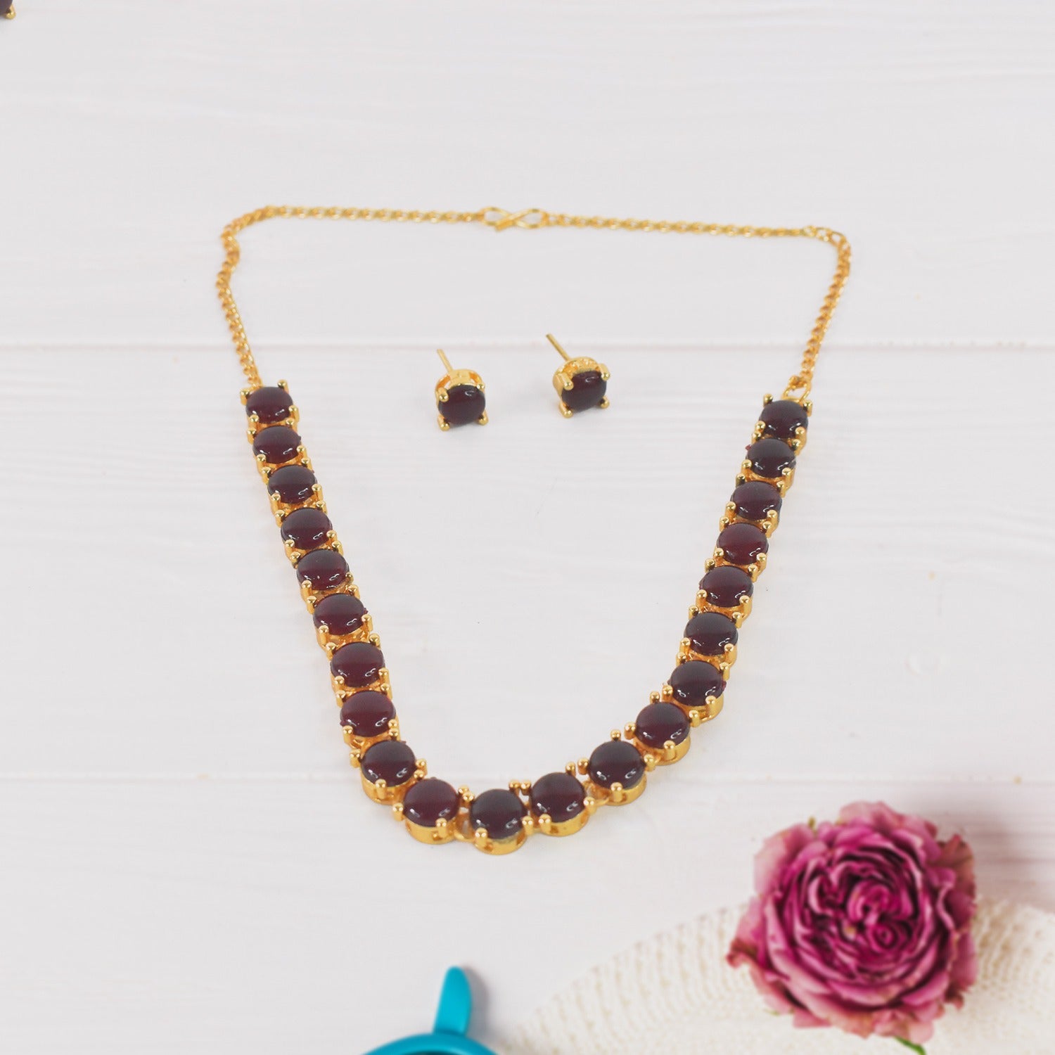 Kollam Supreme Gold-Plated Brass Red American Diamond Stone Necklace S