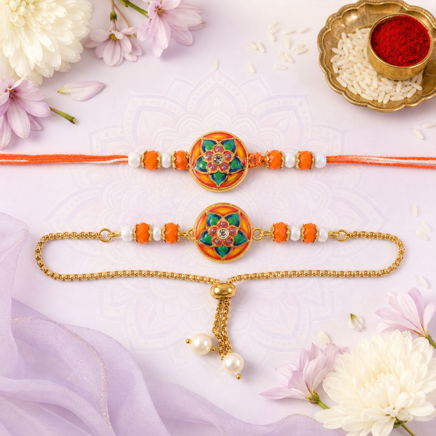Round Meenakari Floral Mandala Crystal Pearl Beads Bhai Bhabhi Rakhi Lumba Set