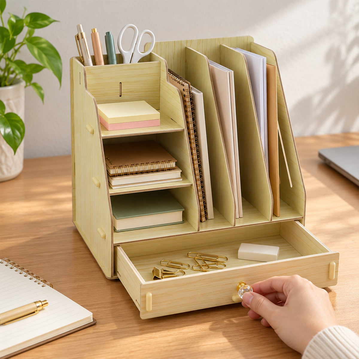 Light wood desk organizer with pens, papers, and notebooks, a hand pulls out the bottom drawer with paper clips inside.