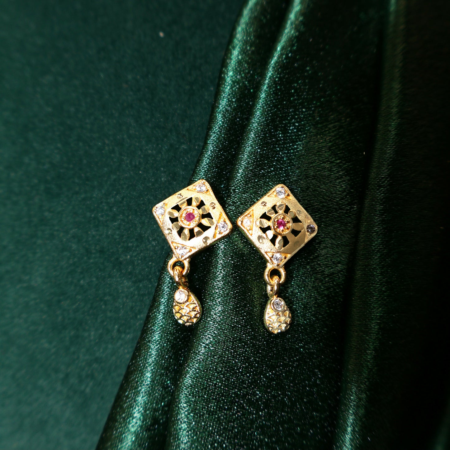 Gold Plated Square Pendant Necklace Set with AD Stones & Filigree Design