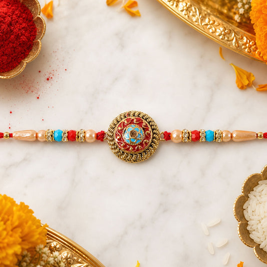 Elegant Stone Studded Rakhi for Brother with a round medallion design, perfect for Raksha Bandhan.