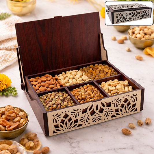 Premium wooden dry fruit box with laser cut decorative lid