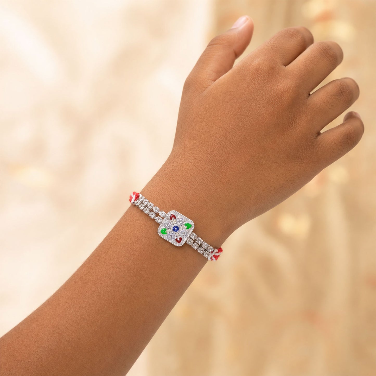 Premium Rakhi featuring Square Floral Charm, crystal accents and gift style for Gift