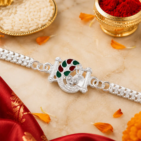 Silver Finish Rakhi – Red Green Enamel for Raksha Bandhan