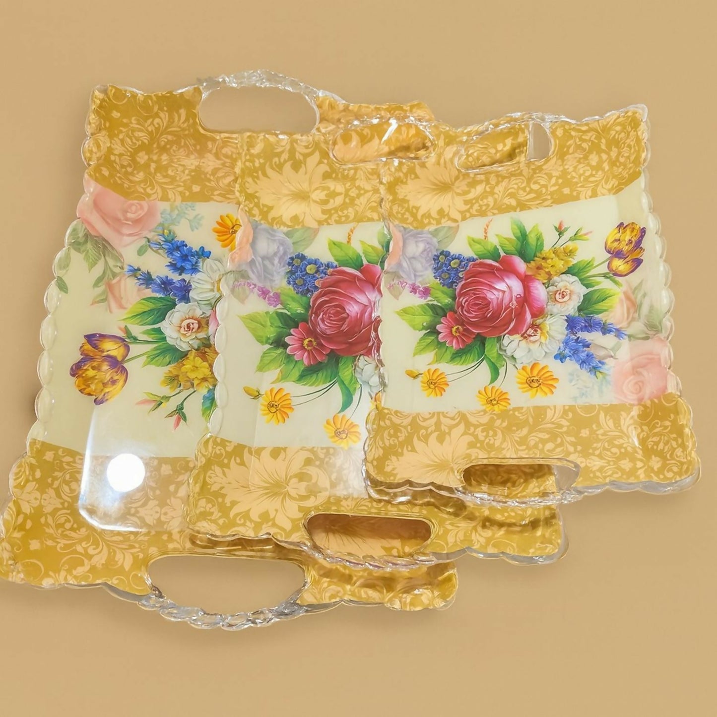 Luxury Acrylic Fruit & Serving Tray Set of 3 | Rectangular Designer Kitchen & Dining Trays with Floral Print | Strong Durable Multipurpose Trays for Snacks, Fruits, Tea, Coffee, Cakes & Party Serving