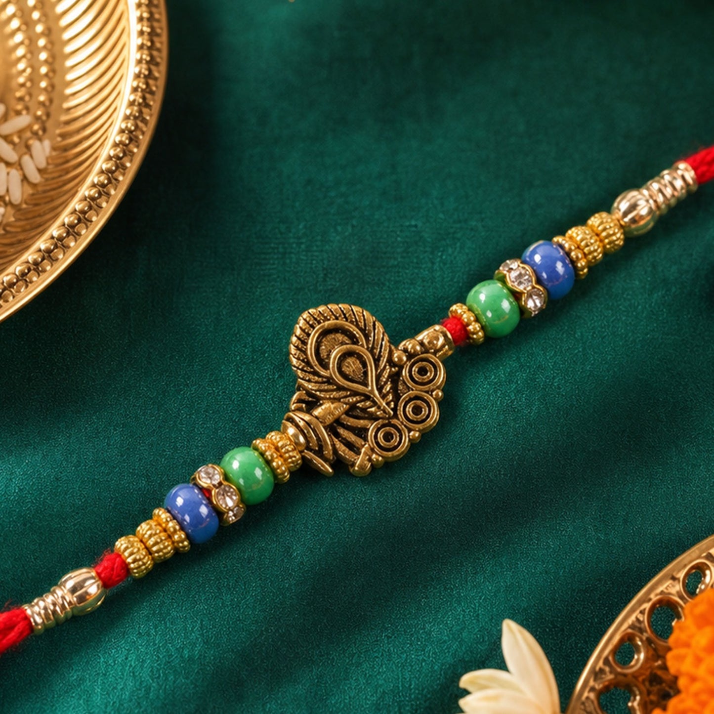 Rakhi – Elegant Antique Oxidized Golden Peacock Design for Brothers