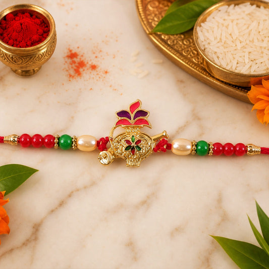 Ganesha Rakhi for Brother - Red Green Beads Festive Design