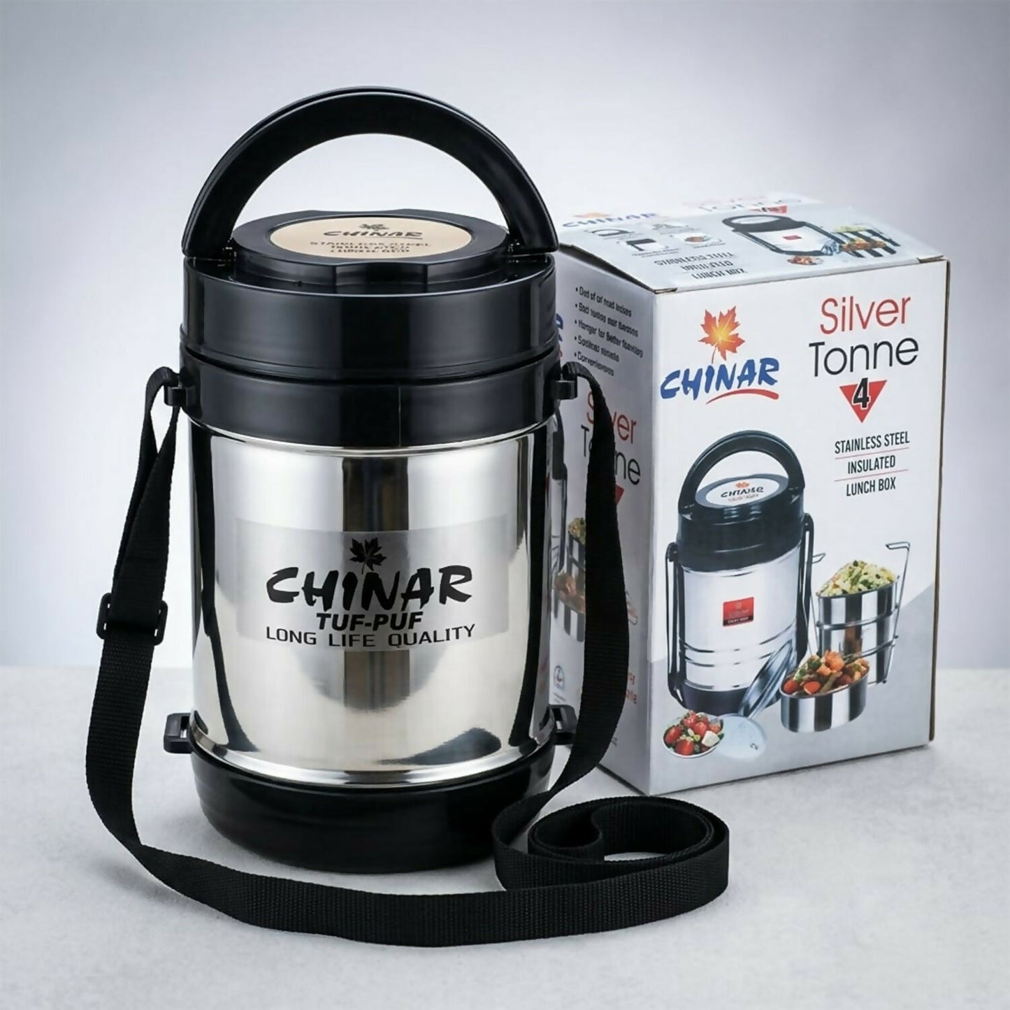 Travel-ready stainless steel lunch box with neatly packed containers inside