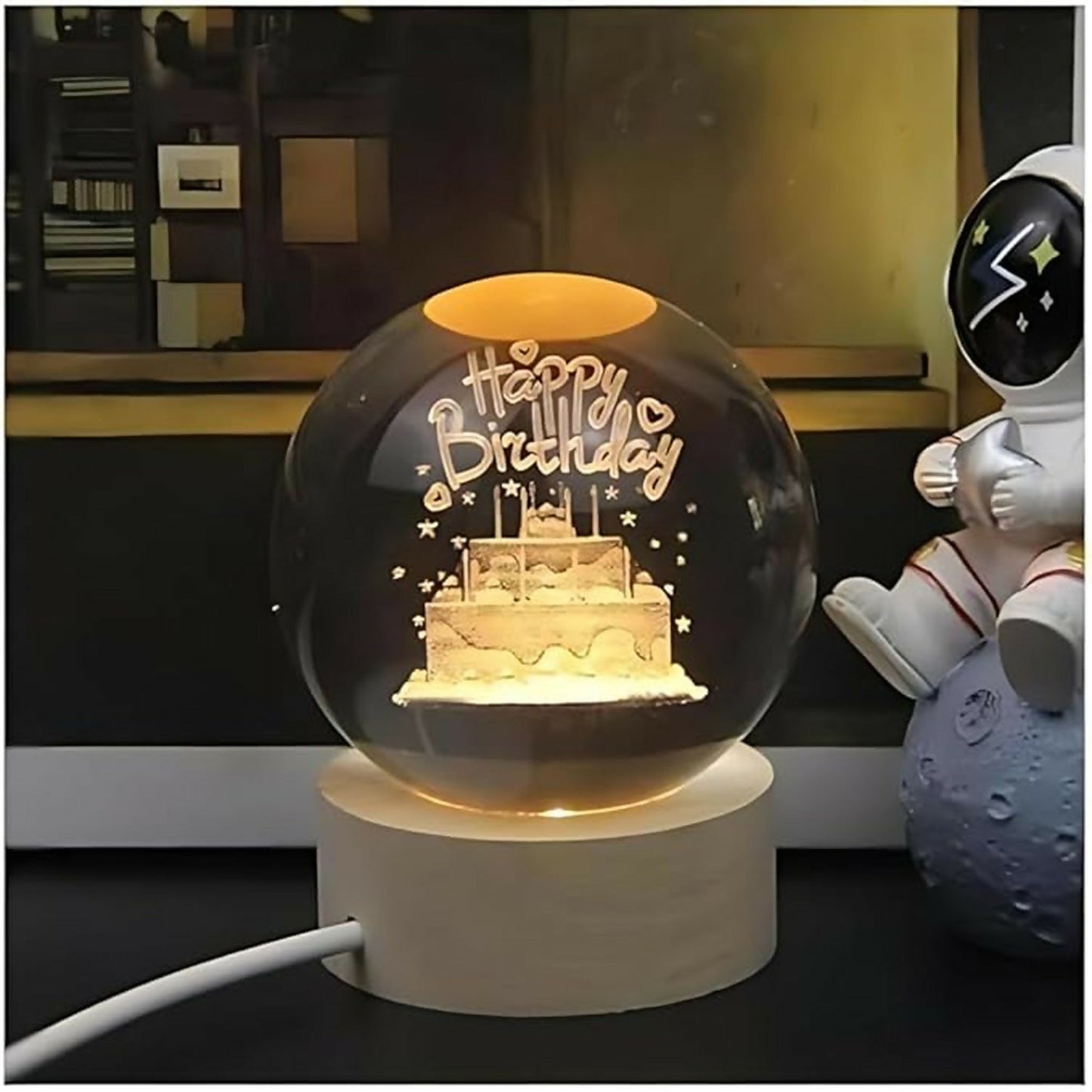 3D Crystal Night Lamp with Wooden Base, USB Powered Decorative Light