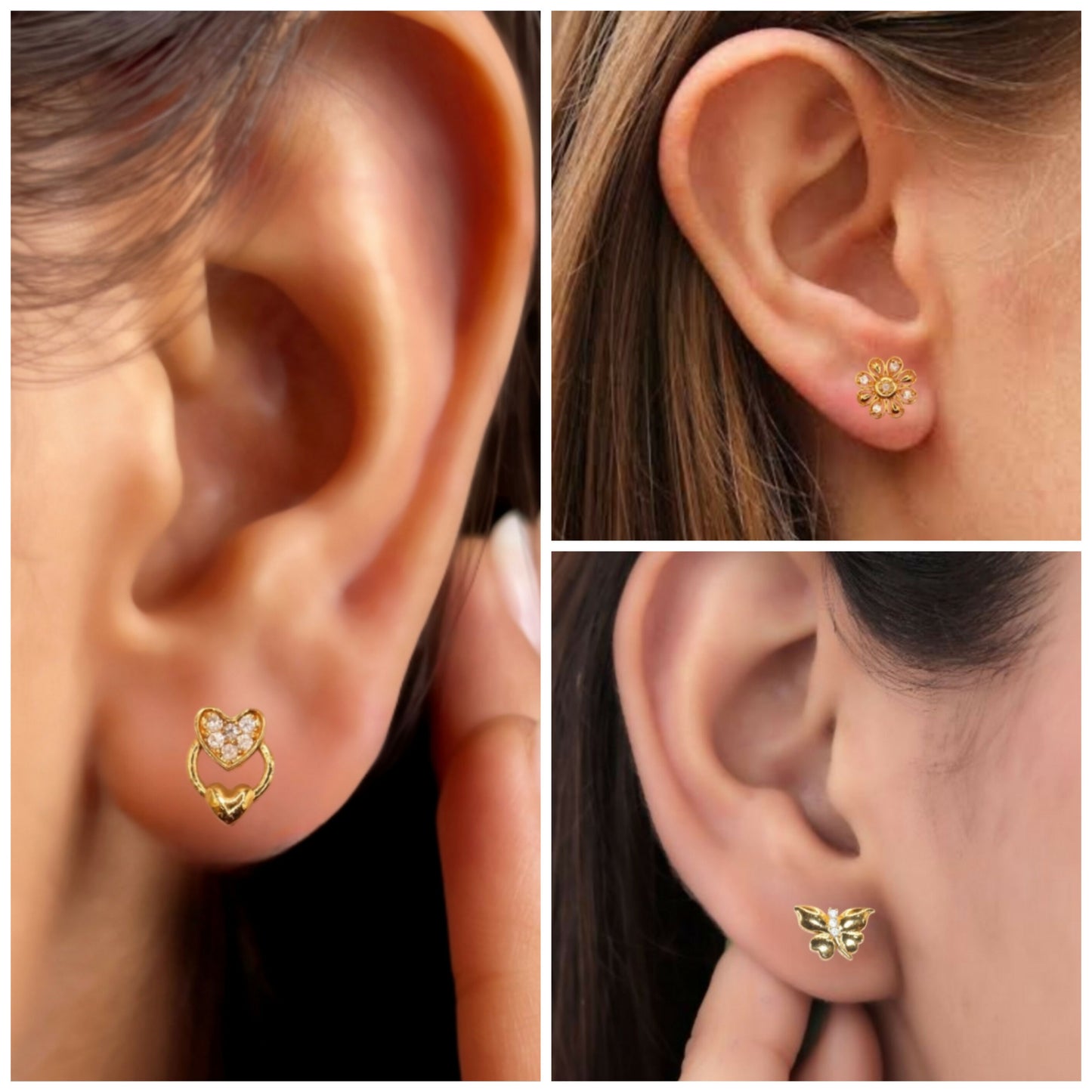 Gold Stud Earrings: Heart, Flower & Butterfly for women and girls Combo Pack of 3