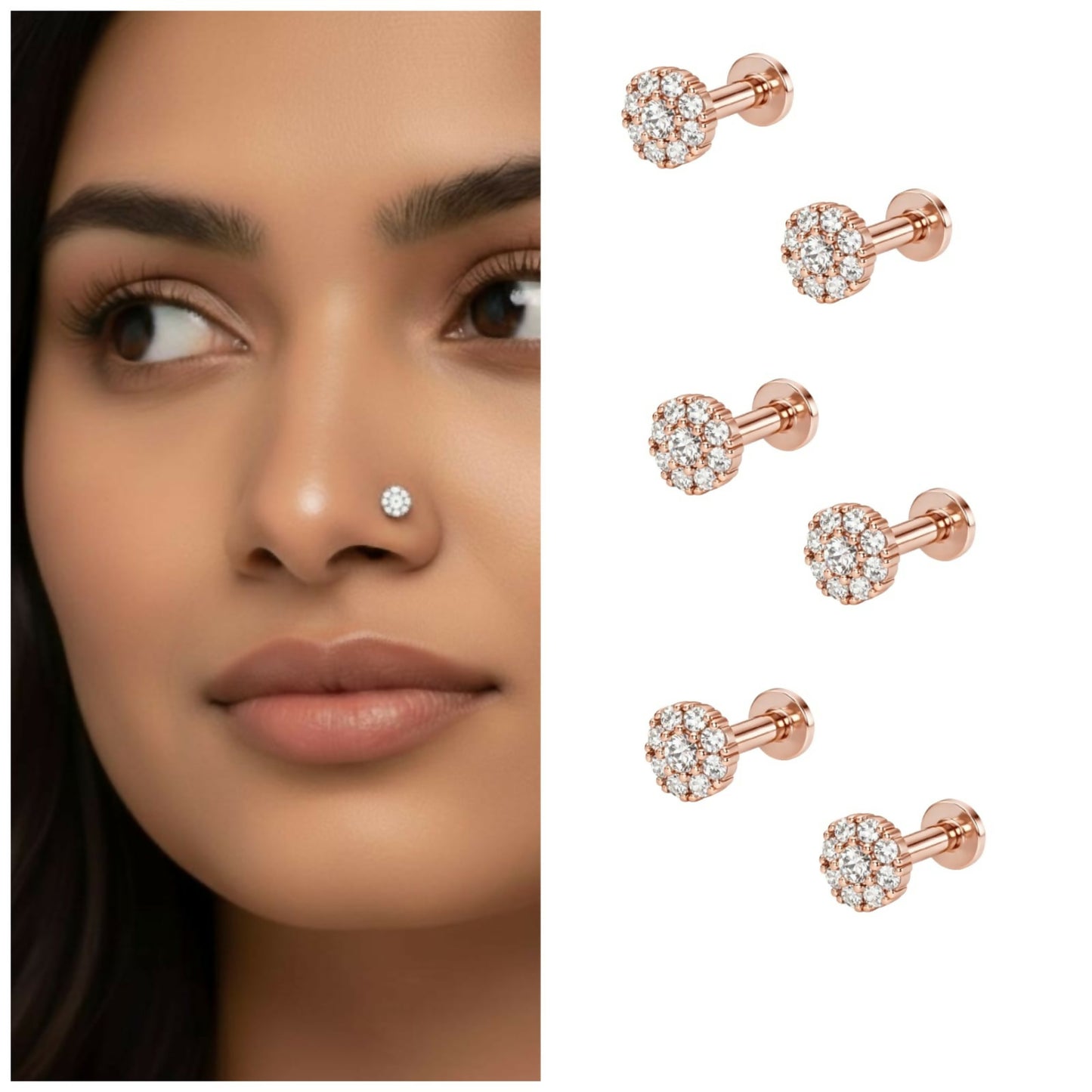 Rose Gold Plated Sparkling Diamond-Style Cluster Nose Pin for women and girls Combo Pack of 6