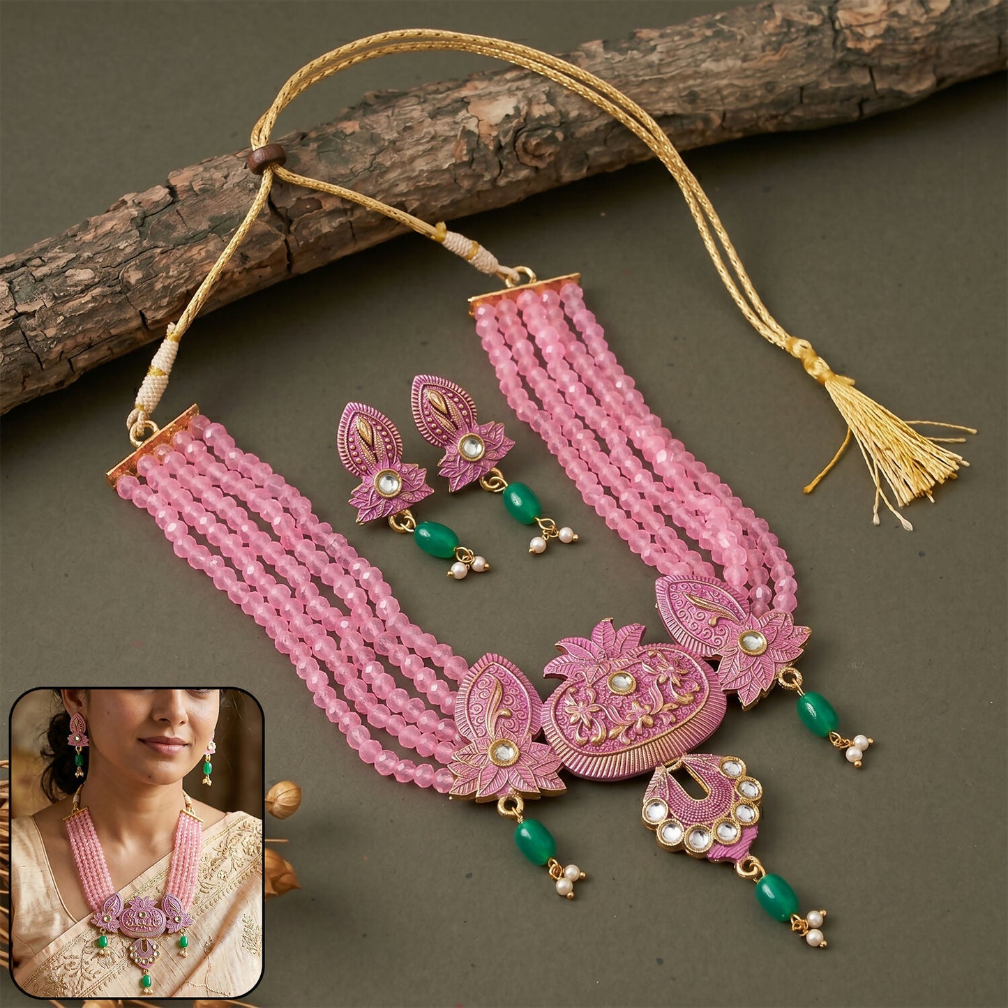 Pink beaded ethnic necklace set with earrings