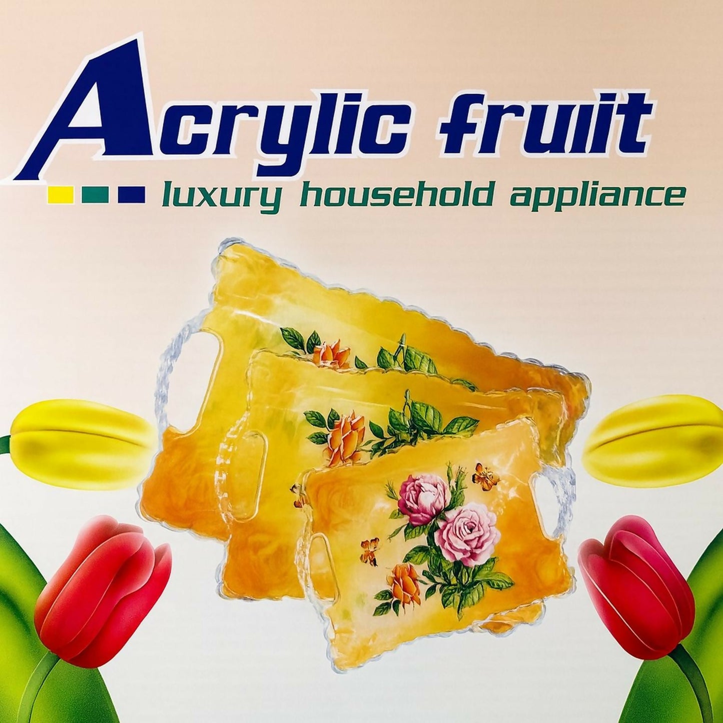 Luxury Acrylic Fruit & Serving Tray Set of 3 | Rectangular Designer Kitchen & Dining Trays with Floral Print | Strong Durable Multipurpose Trays for Snacks, Fruits, Tea, Coffee, Cakes & Party Serving