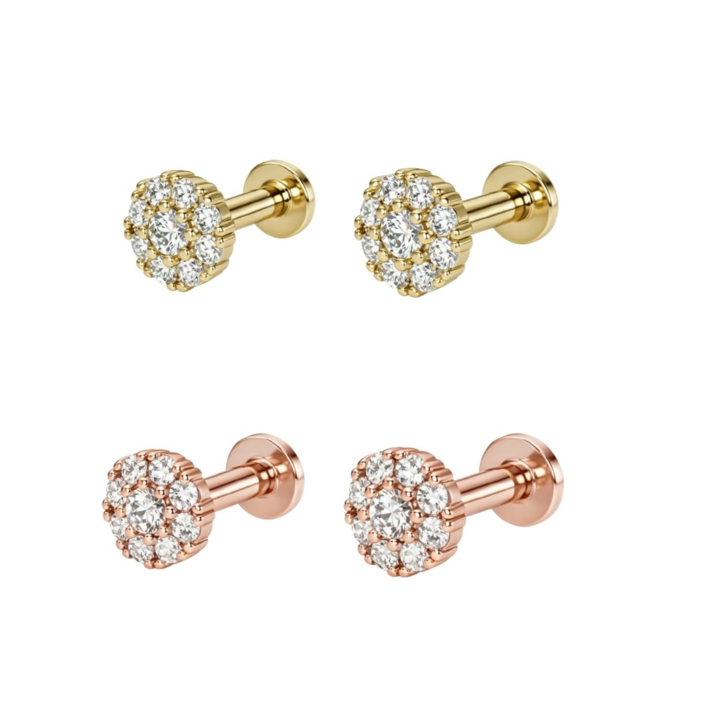 Two pairs of flower cluster stud earrings in gold and rose gold plating displayed on white background