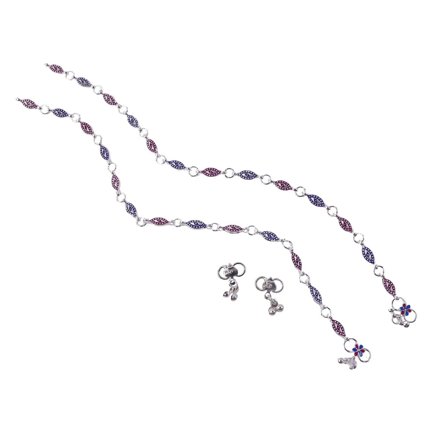 Elegant Silver Enamel Leaf Anklet Pair with Floral Charm