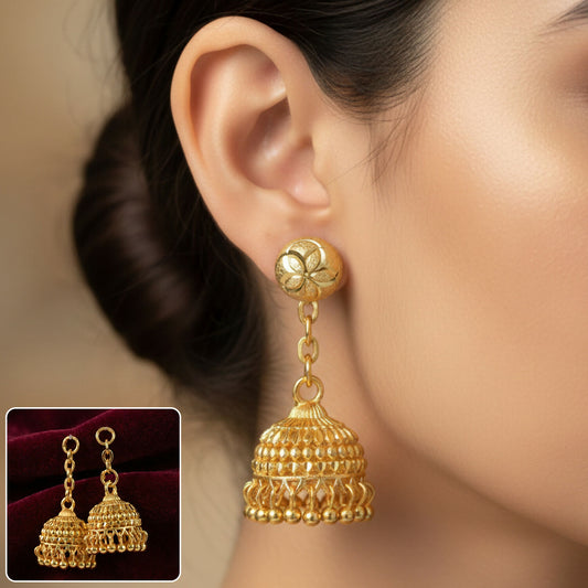 Classic Gold-Plated Jhumka with Layered Dome and Bead Detailing