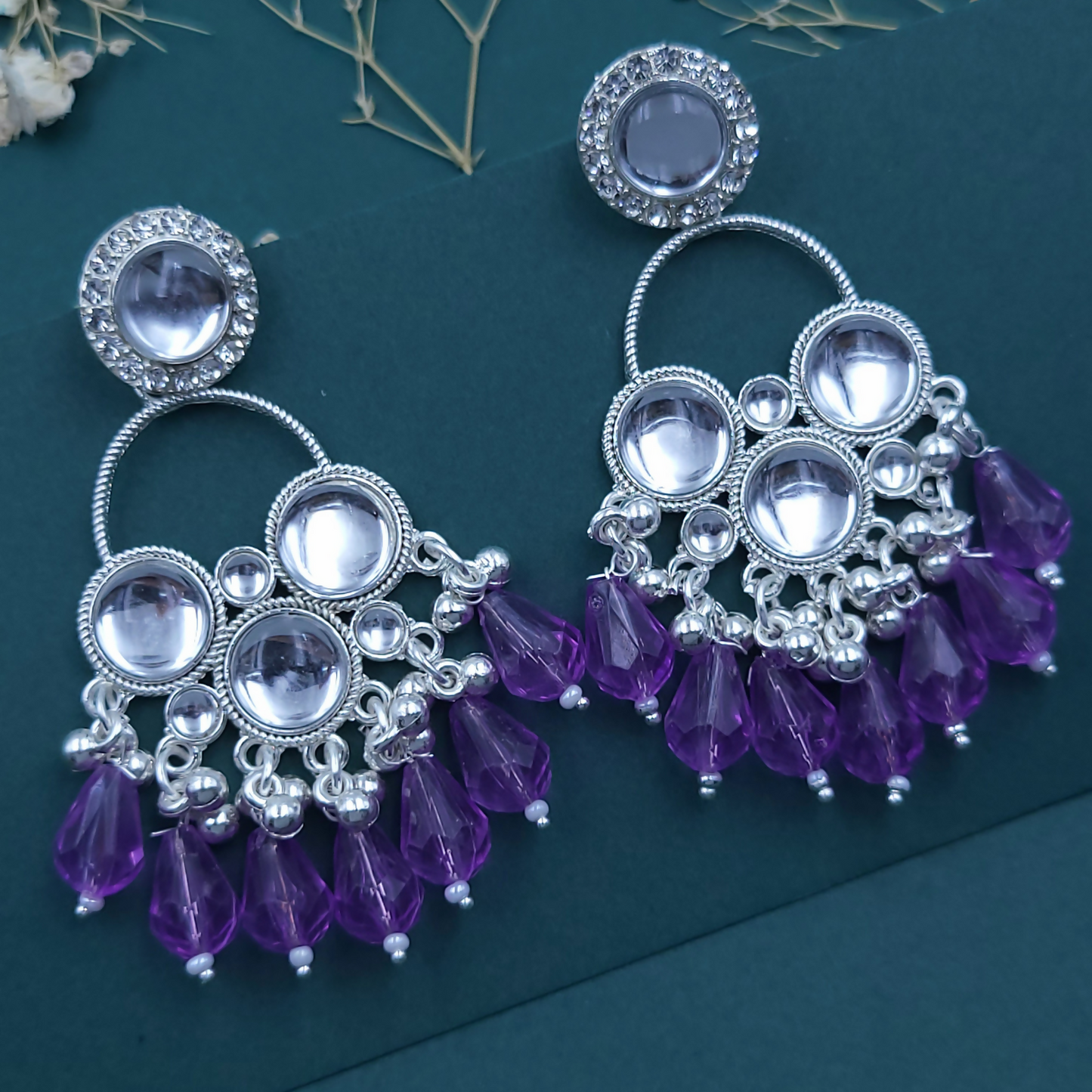 Kundan Purple Pearl Silver Plated Chandbali Earrings Agate Alloy Chandbali Earring