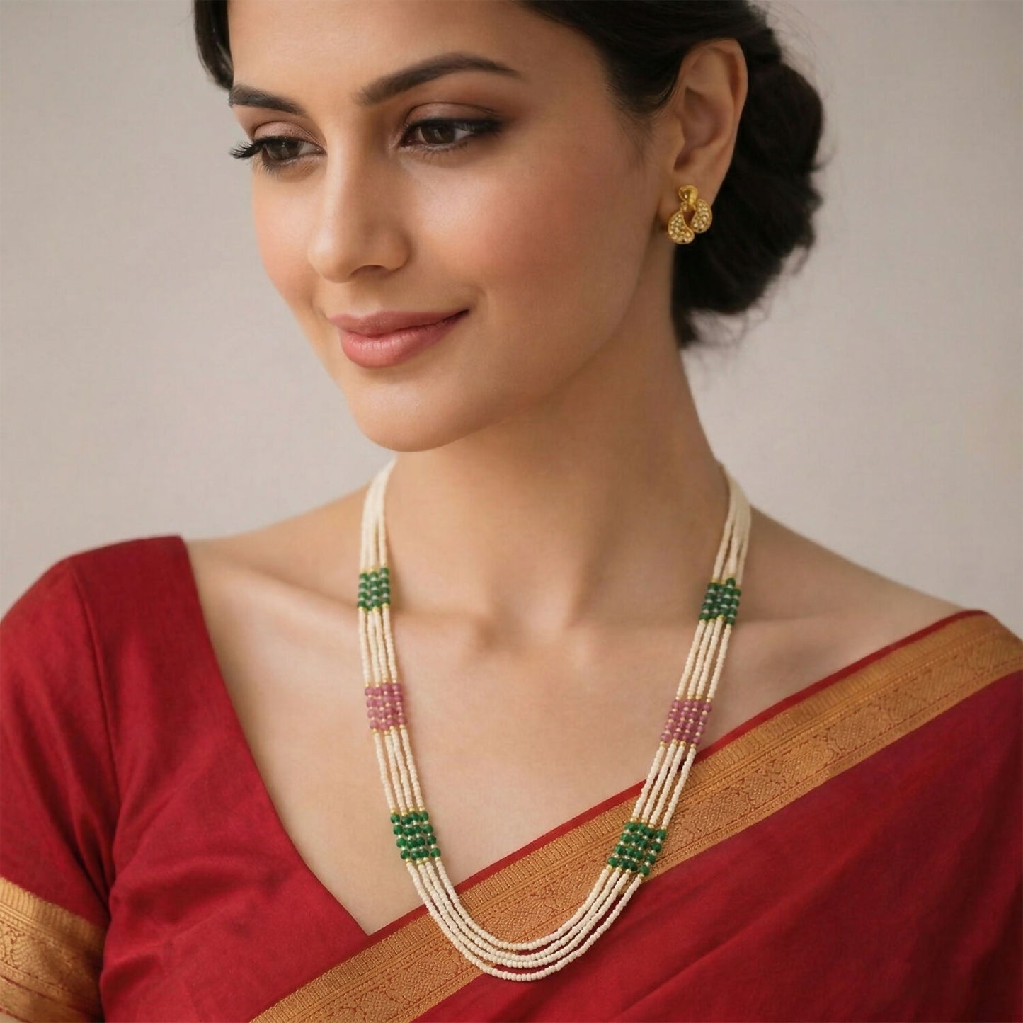 Traditional pearl mala necklace styled with ethnic outfit