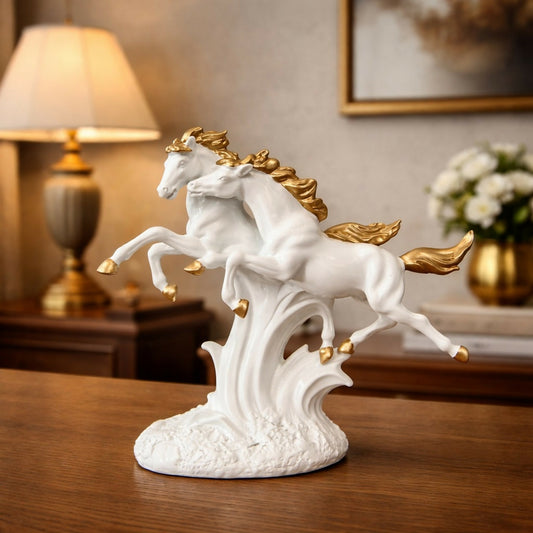 Running Horse Pair Showpiece for Home Decor | White & Gold Finish