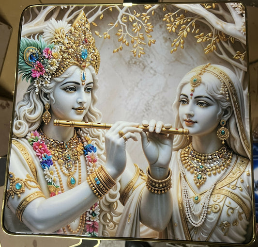 Glossy gold-tone frame 3D Radha Krishna crystal wall art 12x12 inch