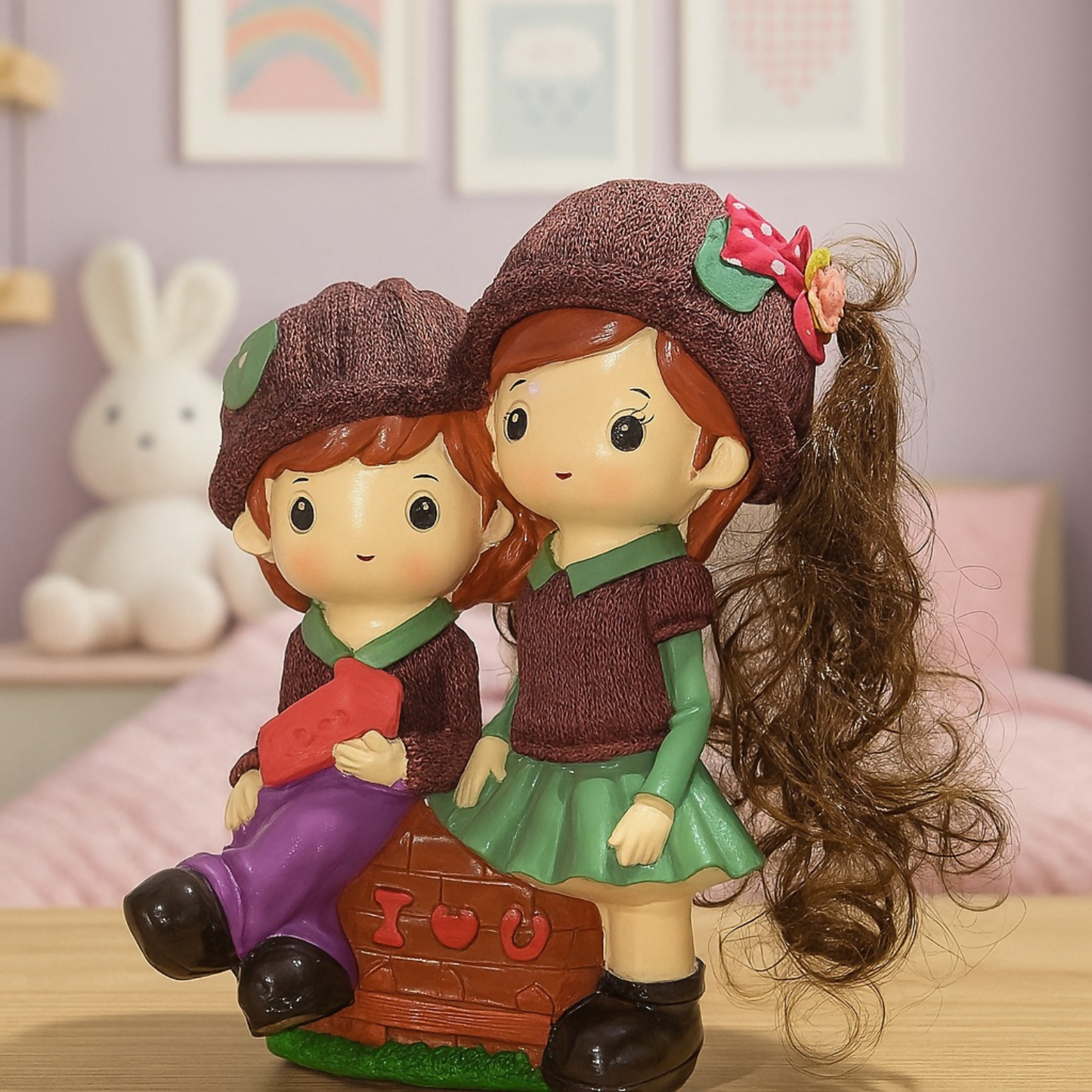 Cute Couple Kids Piggy Bank Showpiece – Adorable Boy & Girl Coin Bank with Realistic Hair and “I Love You” Design – Premium Resin Money Saver for Kids Room, Birthday Gift & Home Decoration