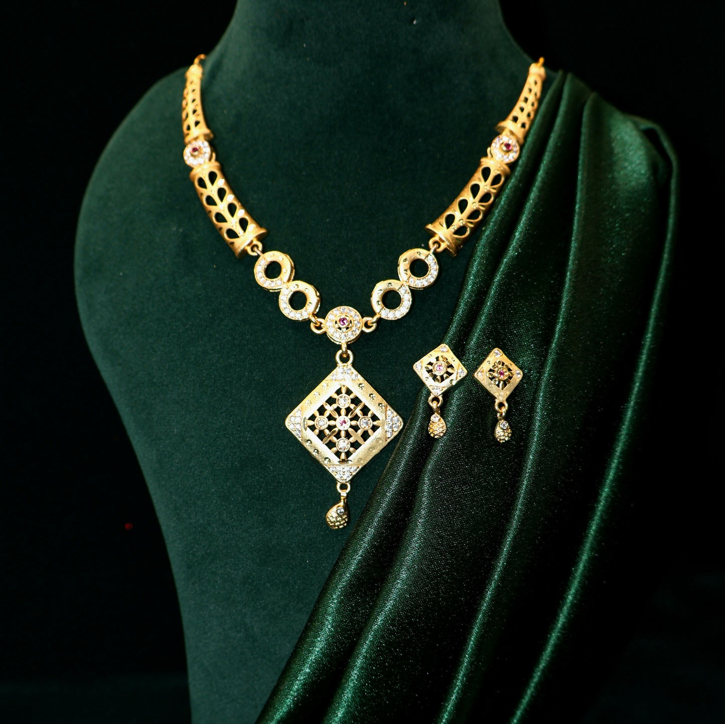 Gold Plated Square Pendant Necklace Set with AD Stones & Filigree Design