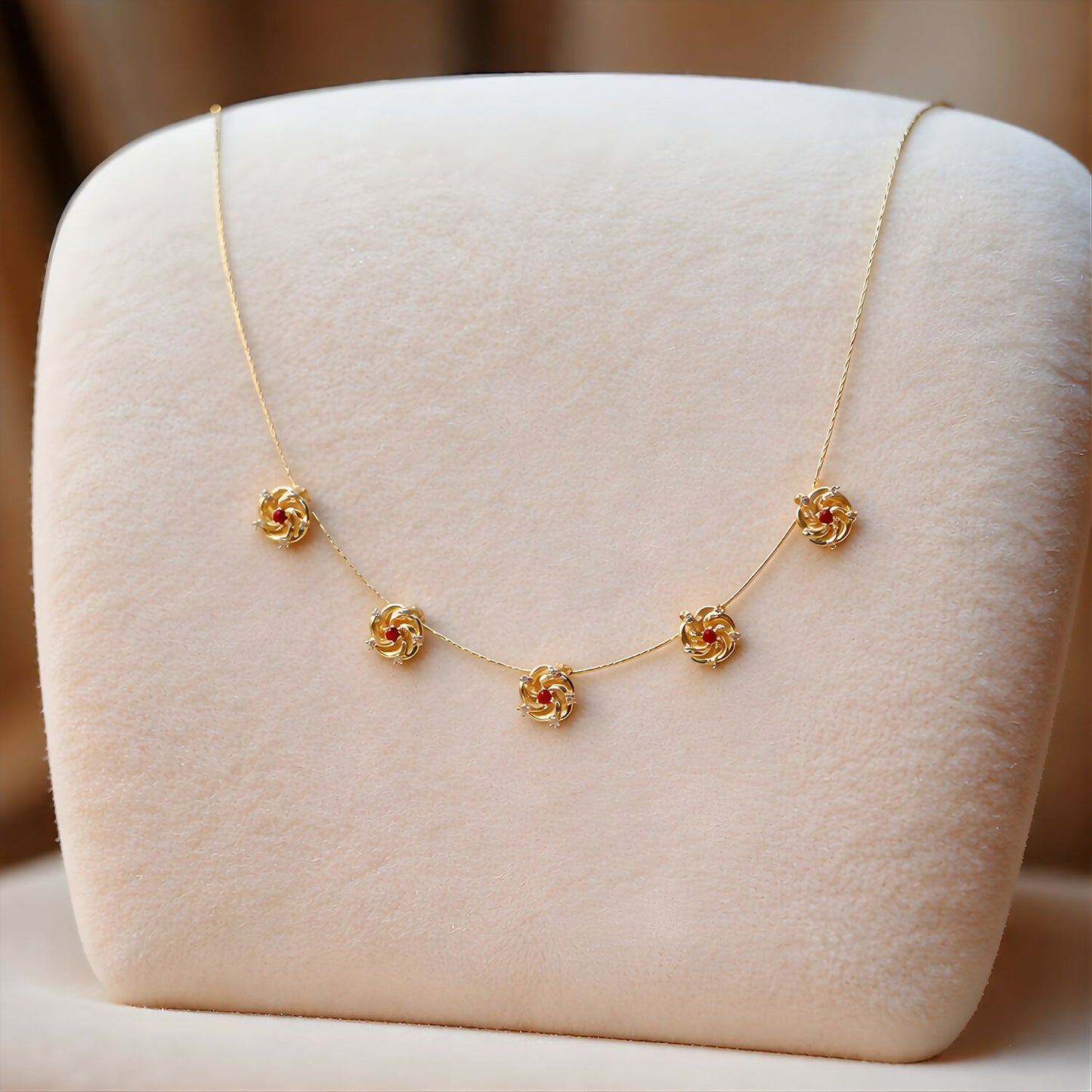 Ruby Floral Swirl Station Necklace with Diamond Detailing and Elegant Finish