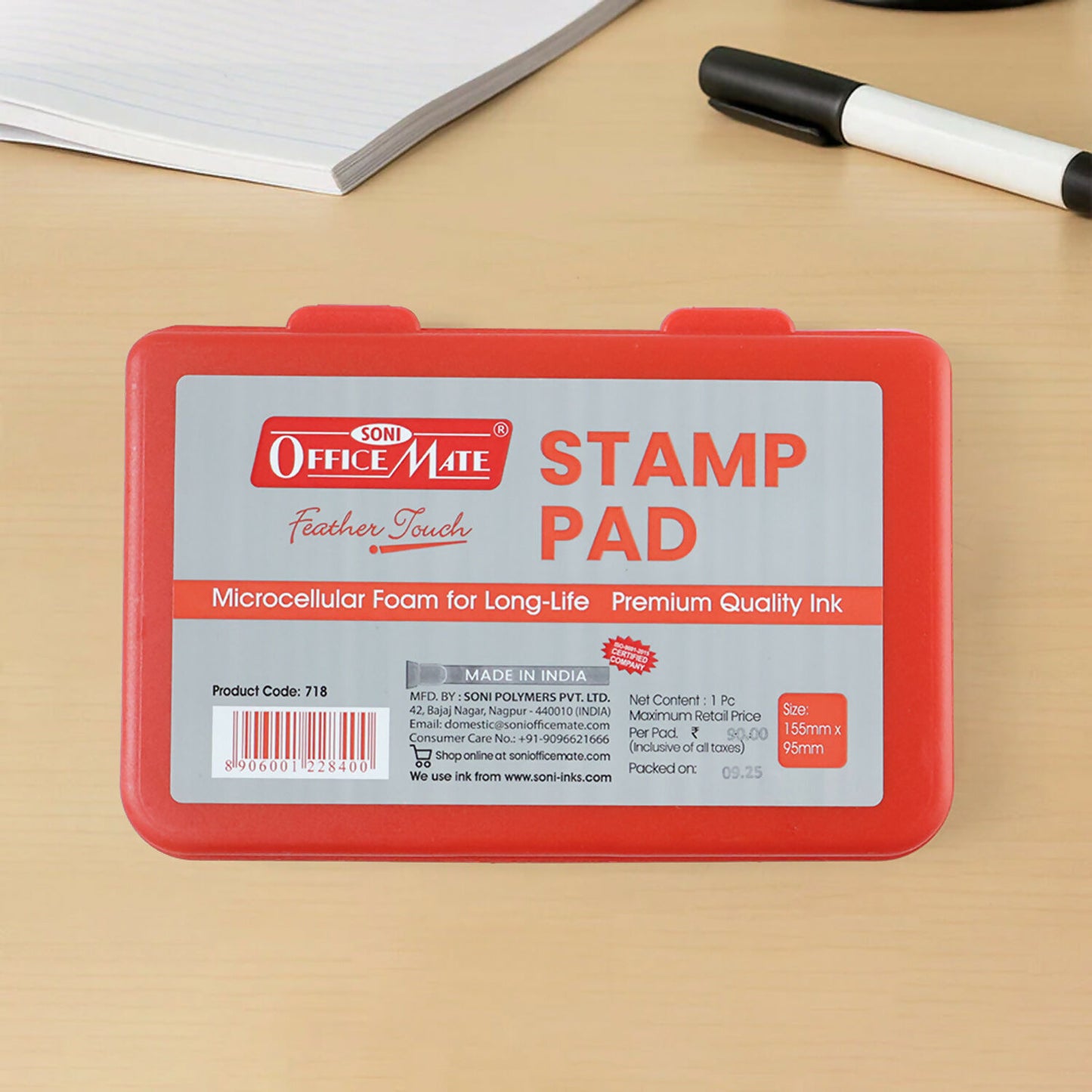 OfficeMate Red Stamp Pad – Microcellular Foam, Premium Fast-Dry Ink (155×95 mm)