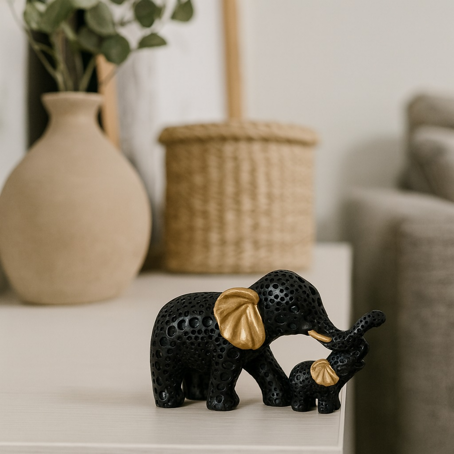Black Elephant Mother & Baby Showpiece for Home Decor & Gifting