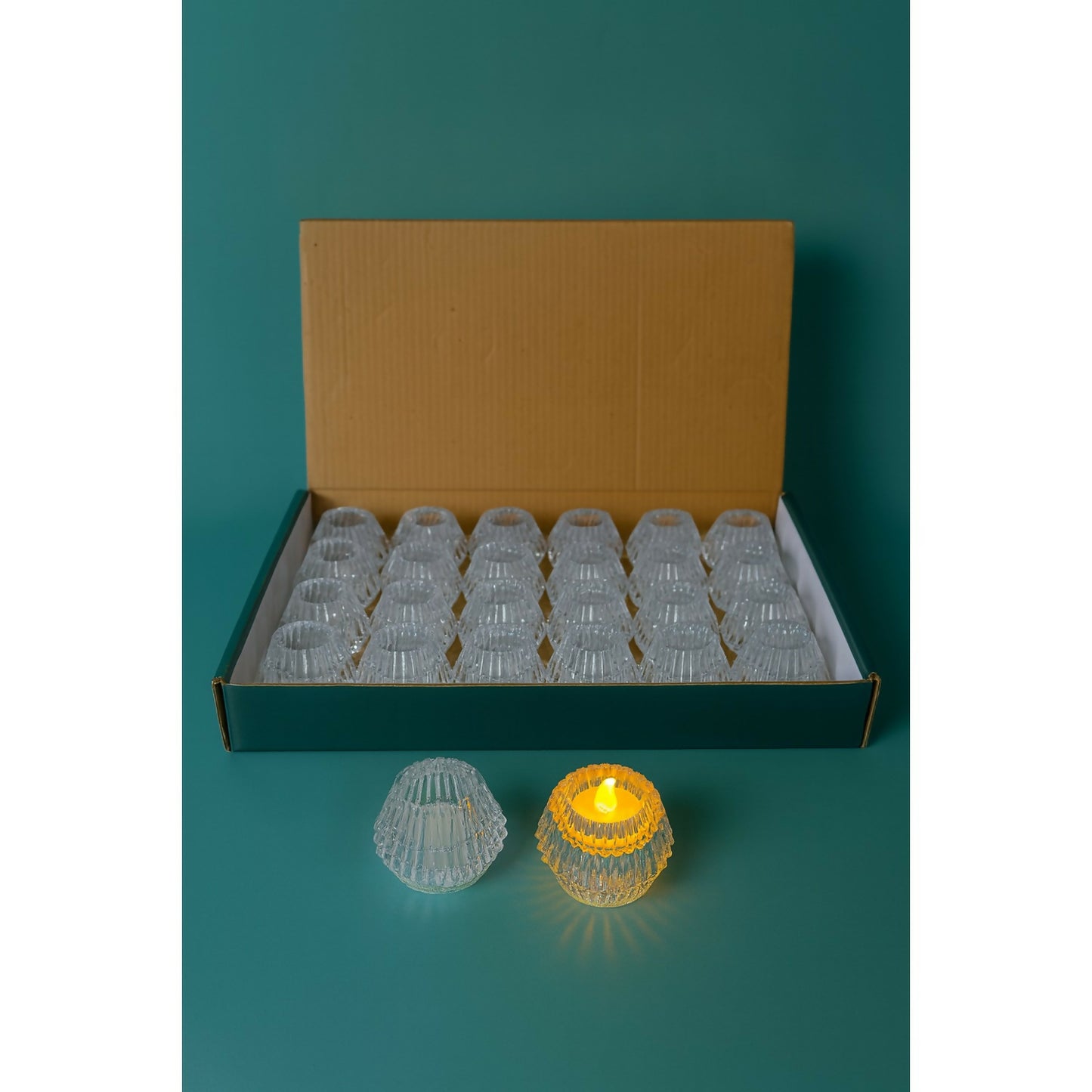 Set of 24 Crystal LED Diya Candles | Battery Operated Flameless Decorative Lights | Diamond-Cut Crystal Effect Tea Lights for Diwali, Pooja, Mandir, Wedding & Festive Décor