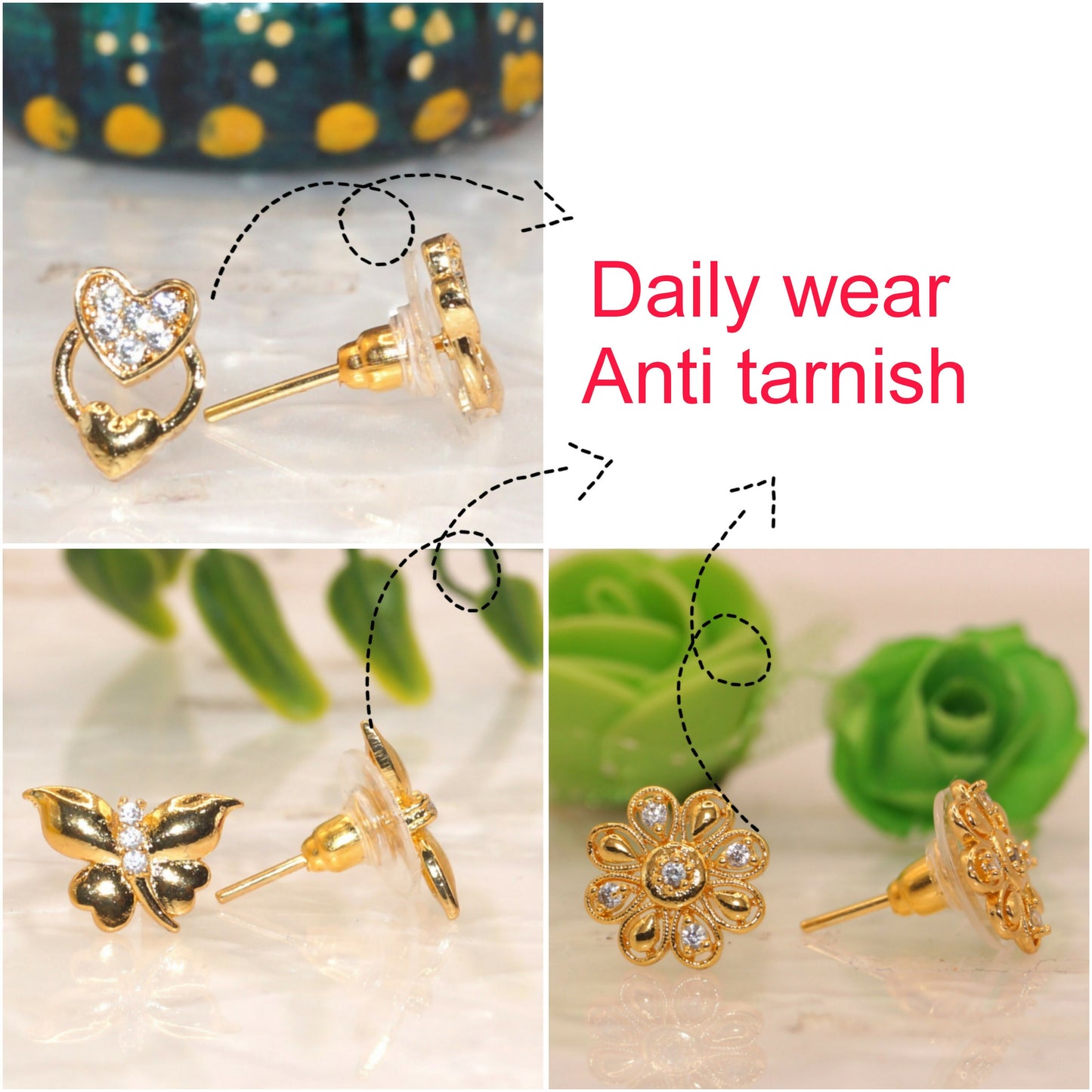 Gold Stud Earrings: Heart, Flower & Butterfly for women and girls Combo Pack of 3