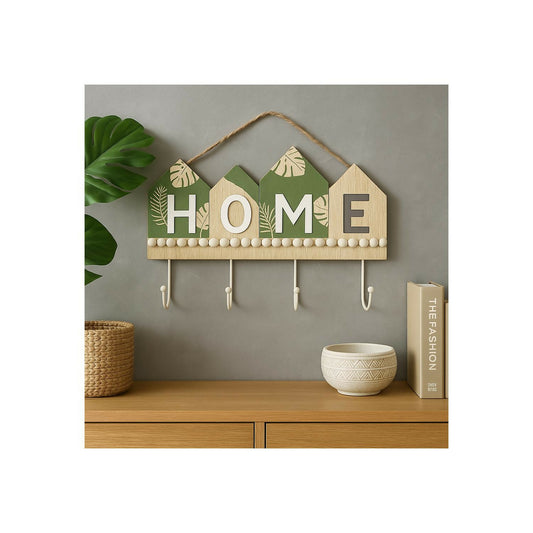 Rustic Wooden Wall Key Holder with “HOME” Letter Design – Decorative Wall Hanging with 4 Sturdy Hooks and Rope Hanger – Ideal for Entryway, Living Room, Kitchen, Bedroom, Office, and Housewarming Gifting