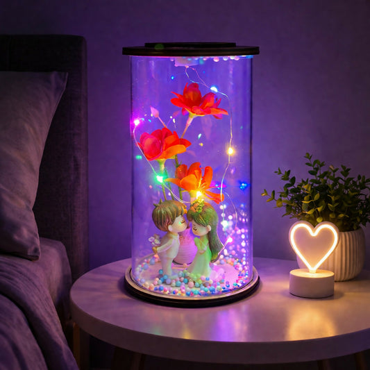 Romantic couple flower LED glass dome lamp with glowing lights