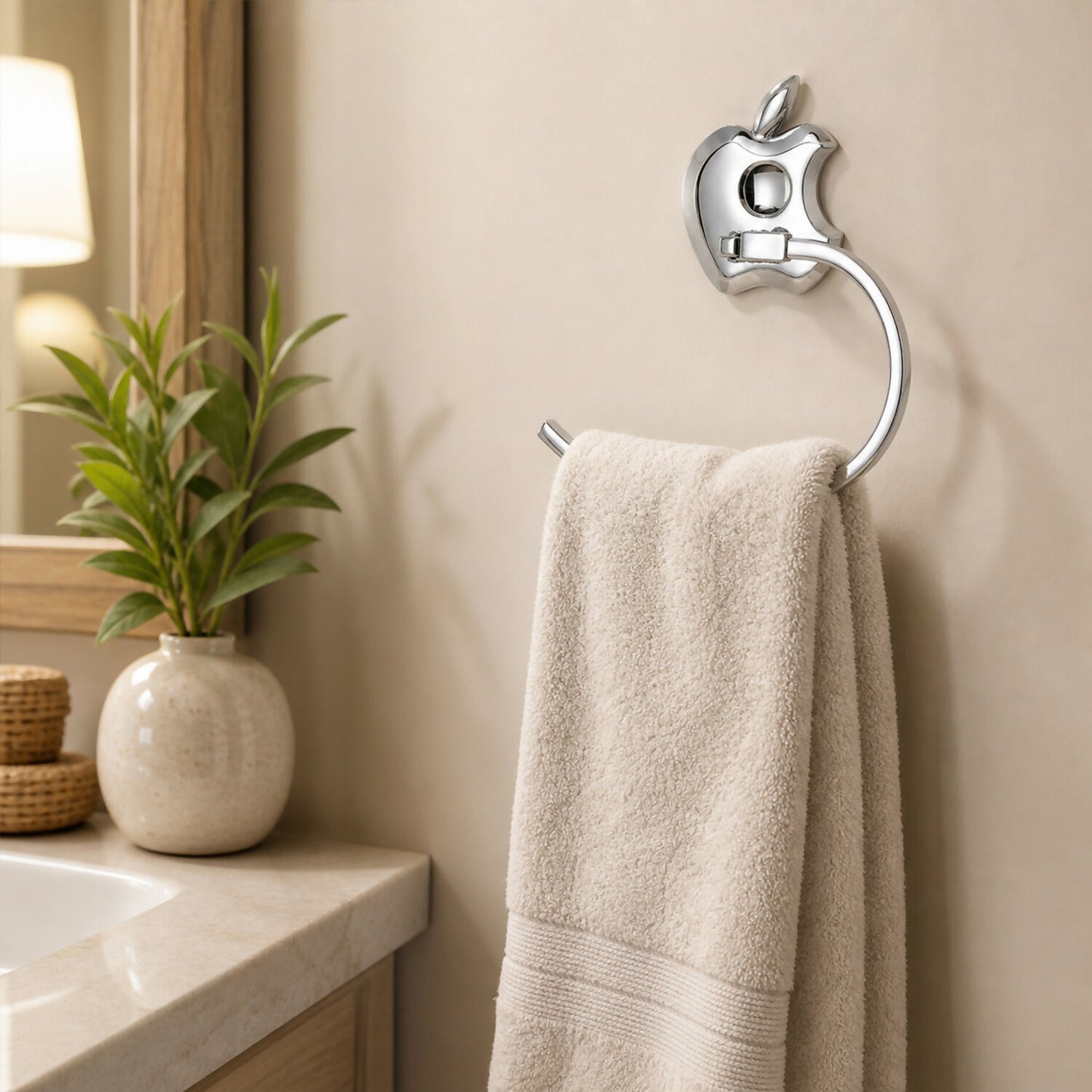 Elegant stainless steel apple-shaped towel ring for bathroom decor