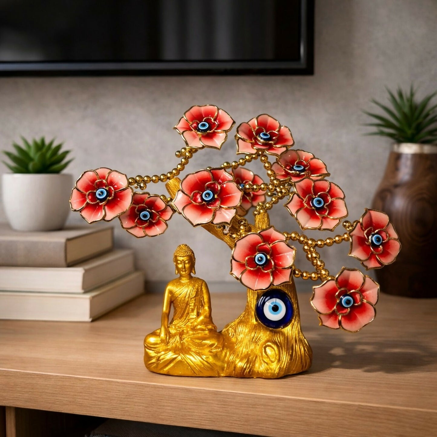 Red Buddha Tree Showpiece with Evil Eye & Floral Design for Home Decor