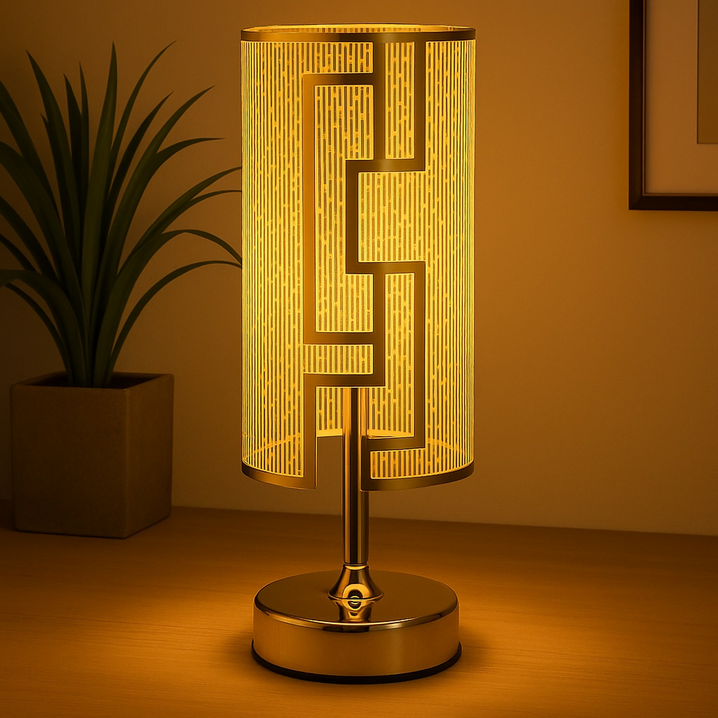 Premium Geometric LED Table Lamp for Home Décor | Modern Gold Metal Body with Designer Cut-Pattern Shade | Warm Ambient Light for Bedroom, Living Room & Office | Stylish Decorative Bedside Night Lamp for Gifting & Decoration
