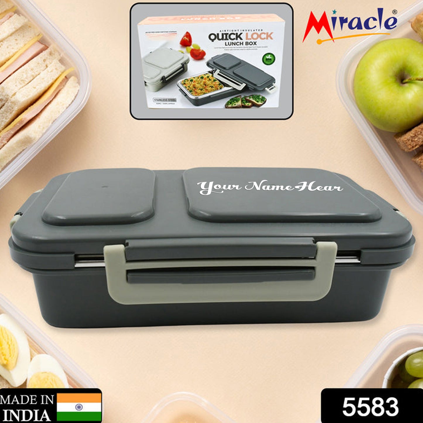 Customize Miracle Quick Lock Leak Proof 2 Compartment Stainless Steel LUNCH BOX Inner Plate Reusable Microwave Freezer Safe Lunch Box Trendy Thermal Insulation Leak Proof for Office Vacuum Tiffin Box for Boys / Girls / School / Office Women and Men