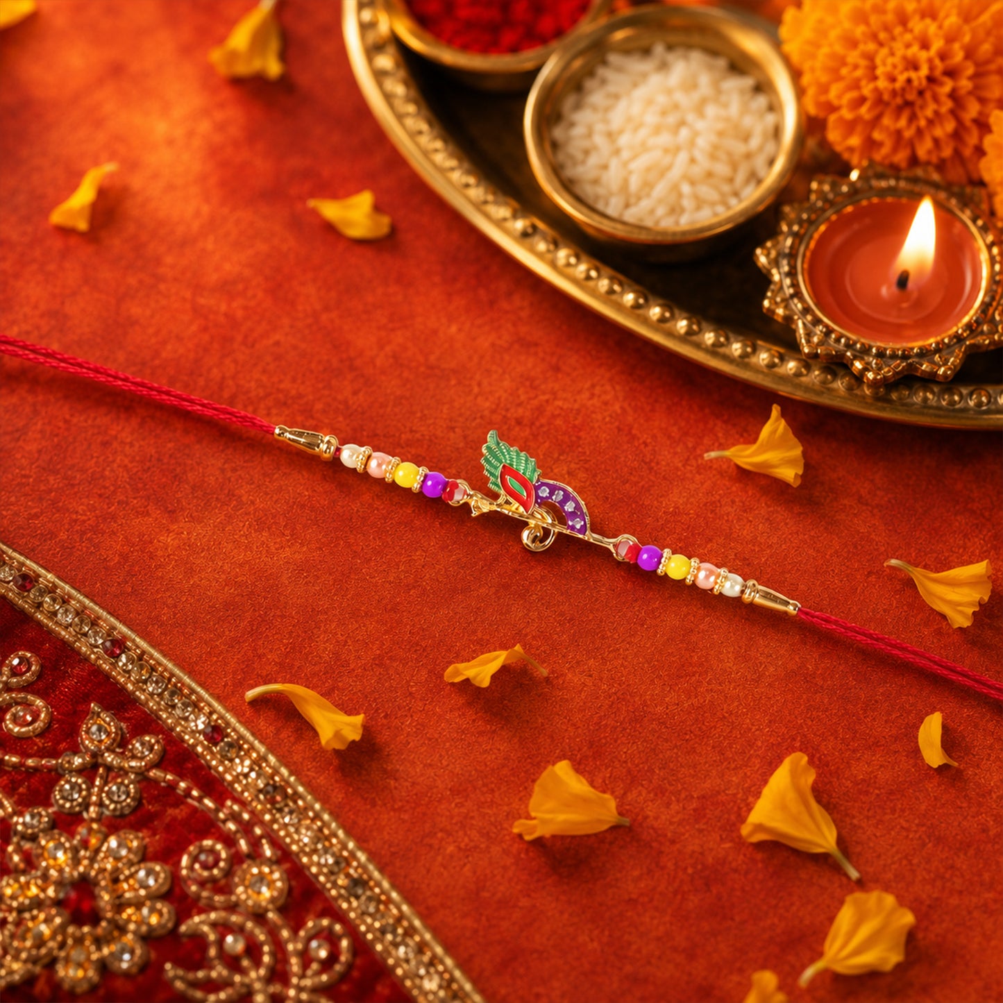 Traditional rakhi showcasing bird centerpiece and vibrant beads