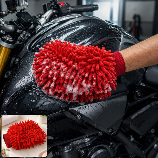 A red microfiber chenille wash glove with suds on a black motorcycle tank, with a smaller inset image of the glove.