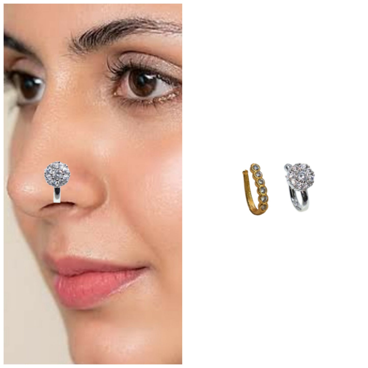 Diamond Cluster Clip-On Nose Ring | CZ Stone Non-Piercing Nath Combo Pack of 2
