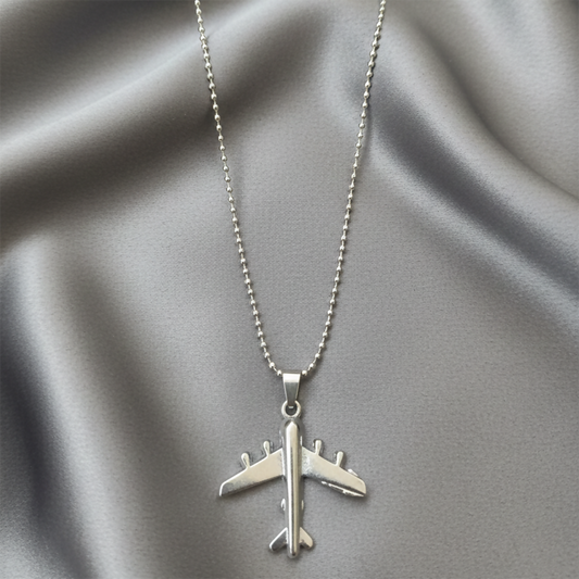 Front view of men’s stylish aeroplane pendant necklace in silver tone