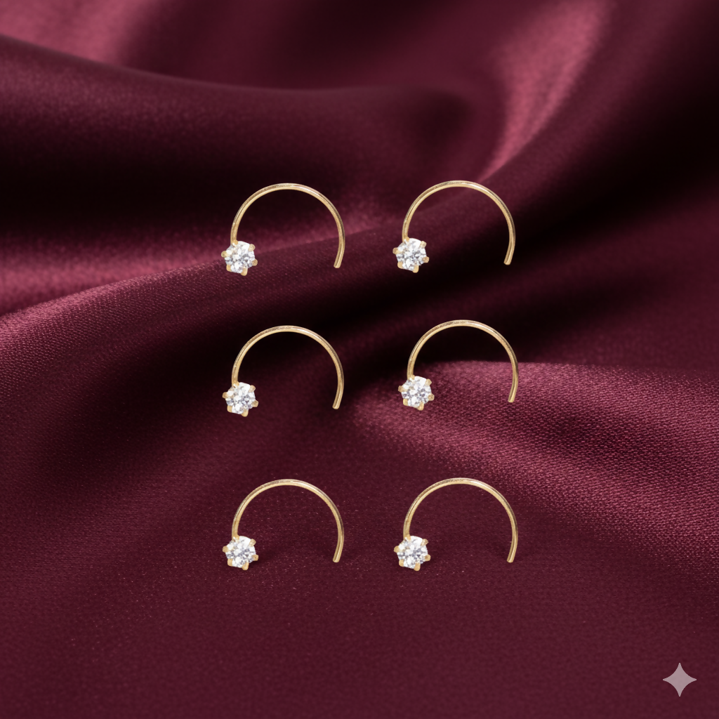 Set of six gold plated classic nosepins with screw-back design for secure fit