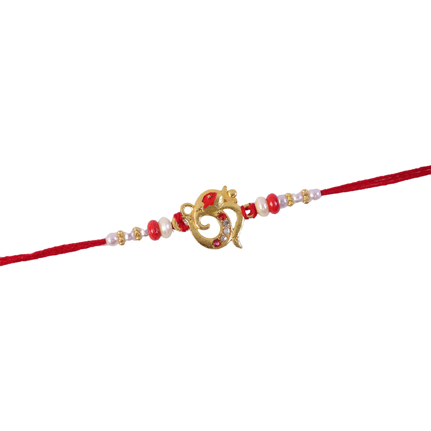 Golden Om Rakhi with Red Beads and Pearl Dotted Thread