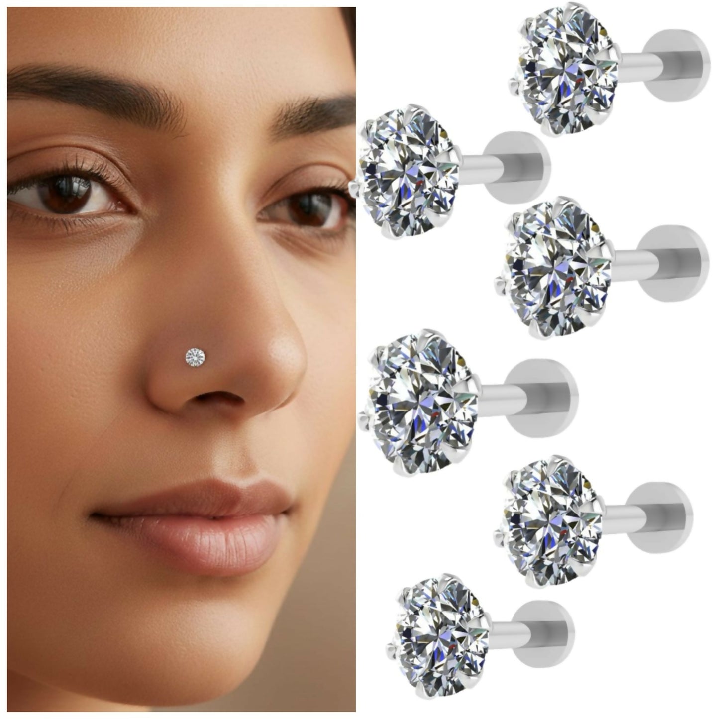 Silver plated flat back nosepin stud with cubic zirconia, pack of 6