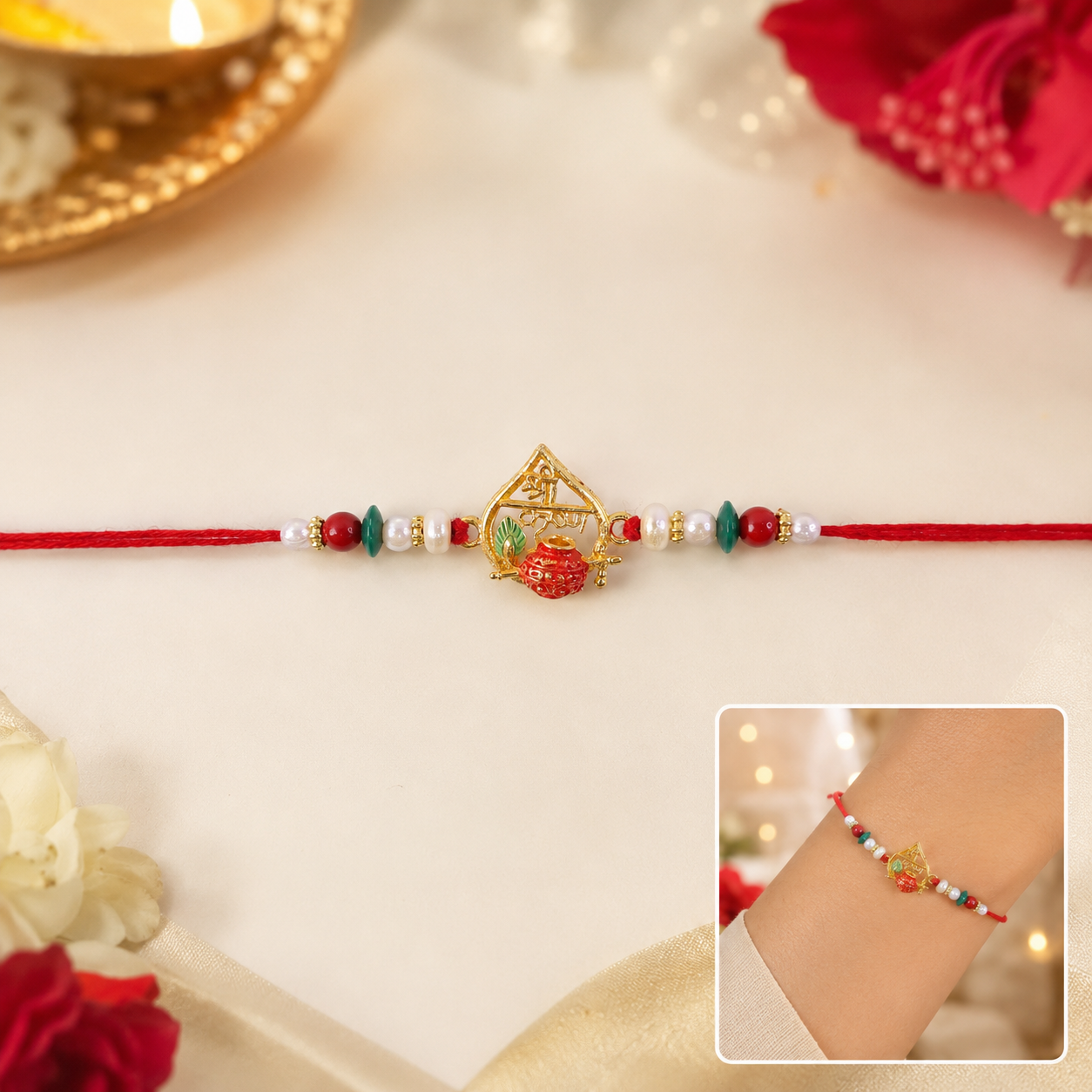Golden Shri Krishna Dahi-Handi Frame Rakhi with Red Green Beads and Pearl Accents